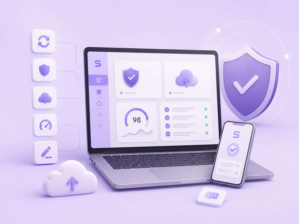 Website care dashboard with security, backups, and performance monitoring