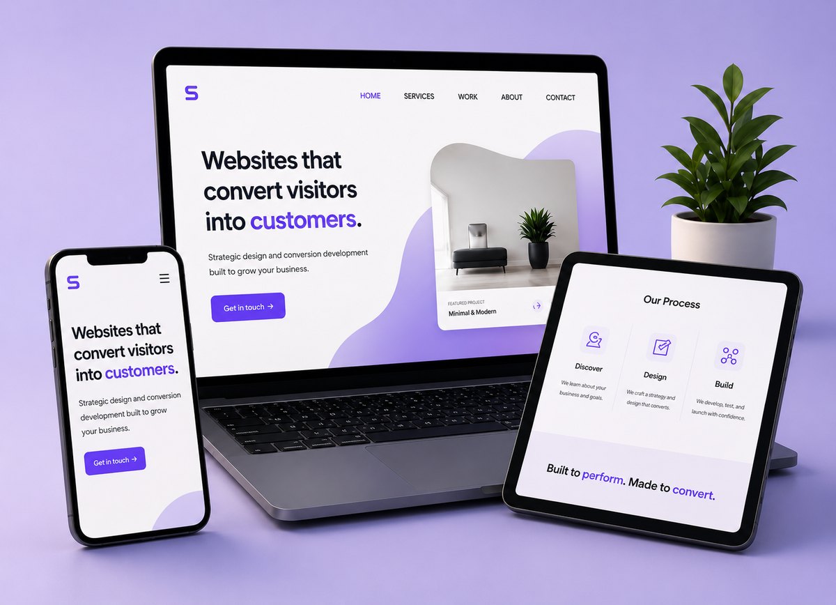Responsive website design shown across laptop, tablet, and phone
